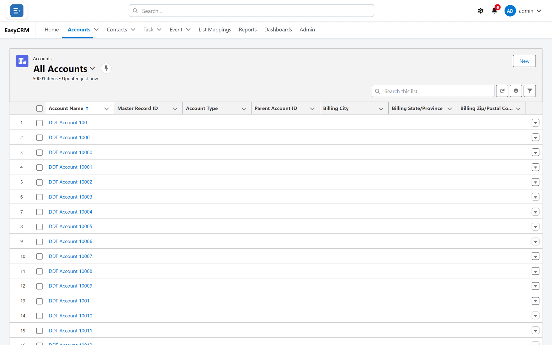 The Accounts list