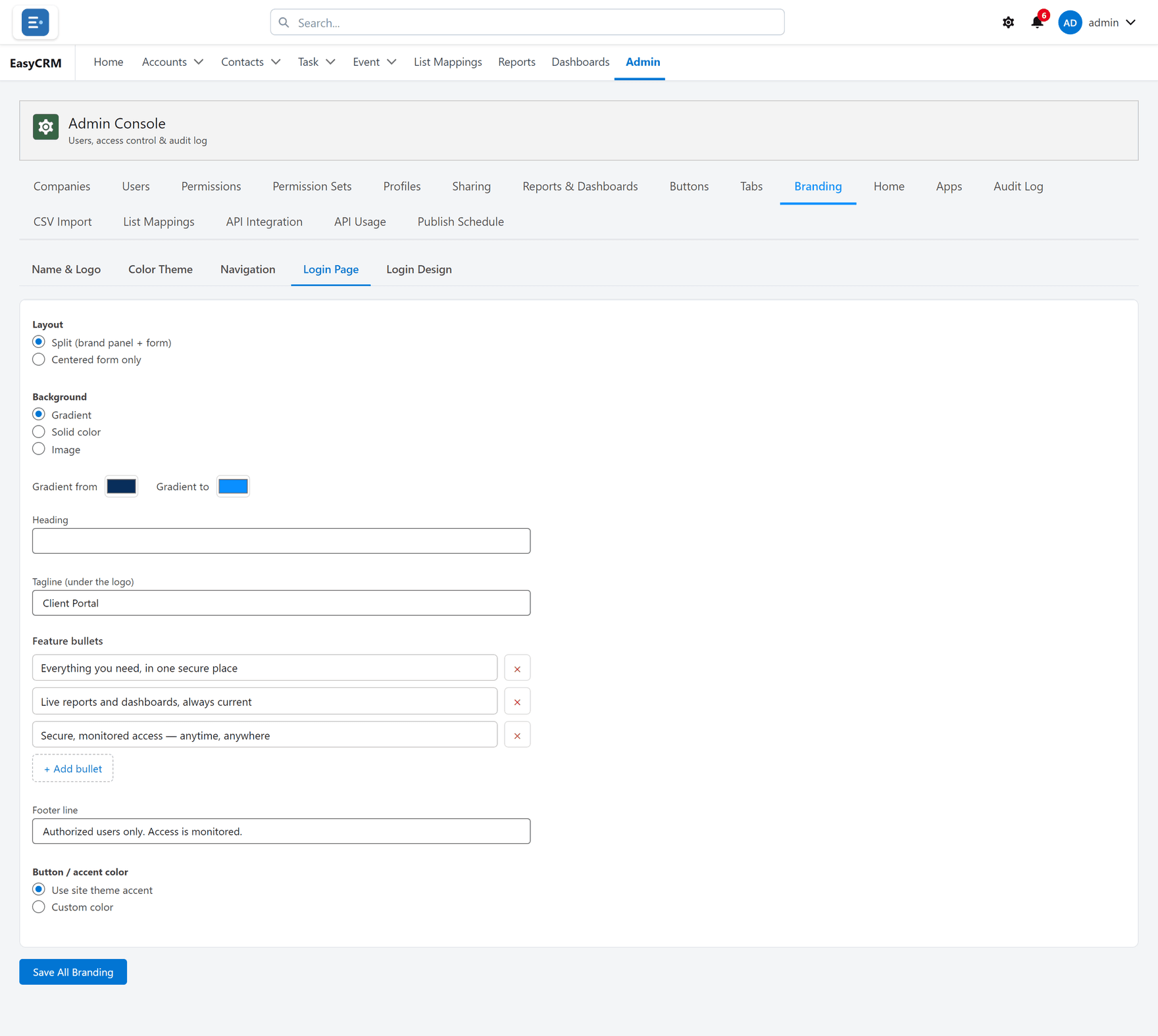 Login page