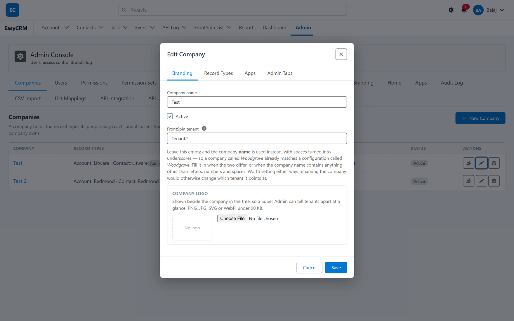 The FrontSpin tenant field