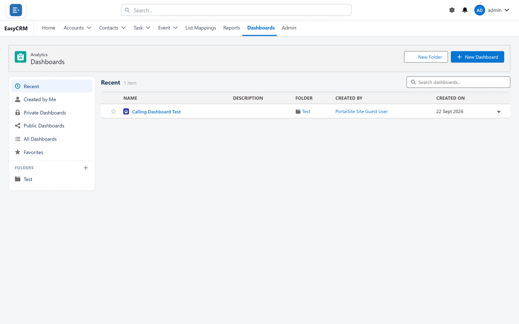 The Dashboards list