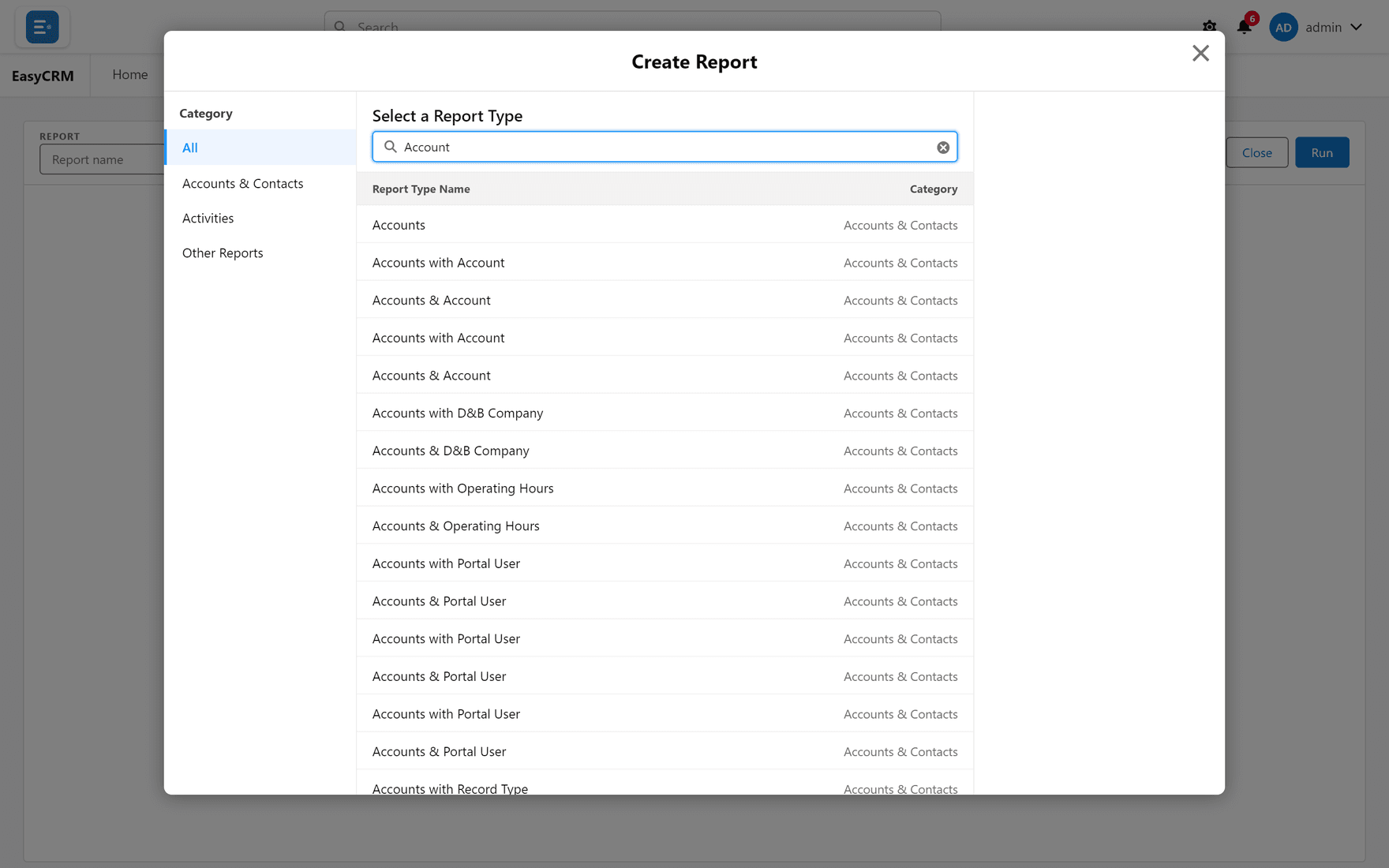 Searching report types